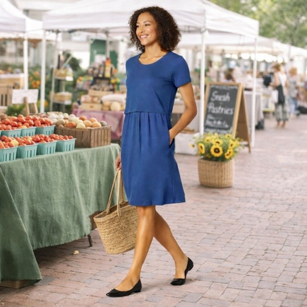 J.JILL‎ NWT Seaside Blue Midi Dress Pockets Rayon Stretch Size M
